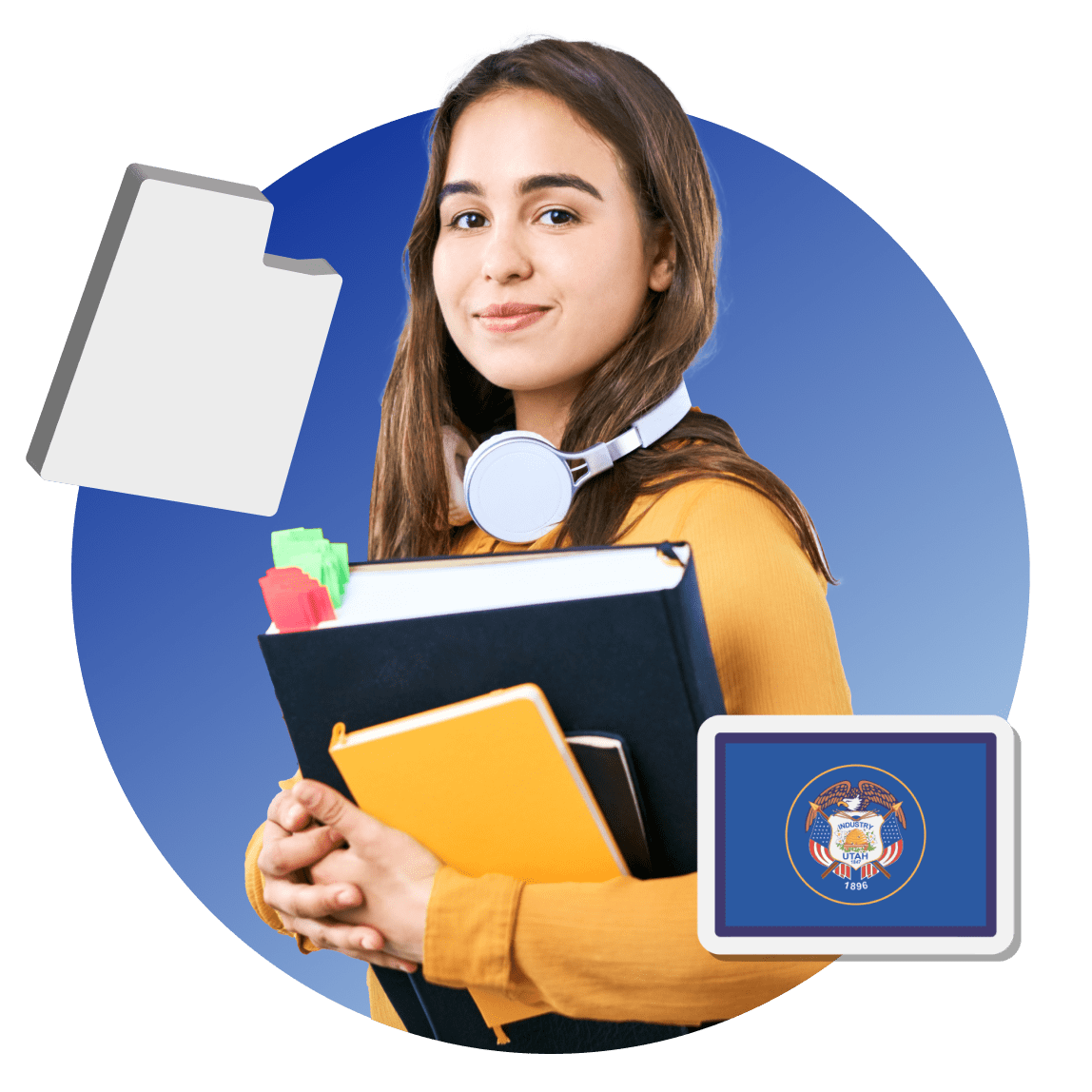 A girl is holding a folder while reading a book and using her phone, showcasing a blend of study and communication.
