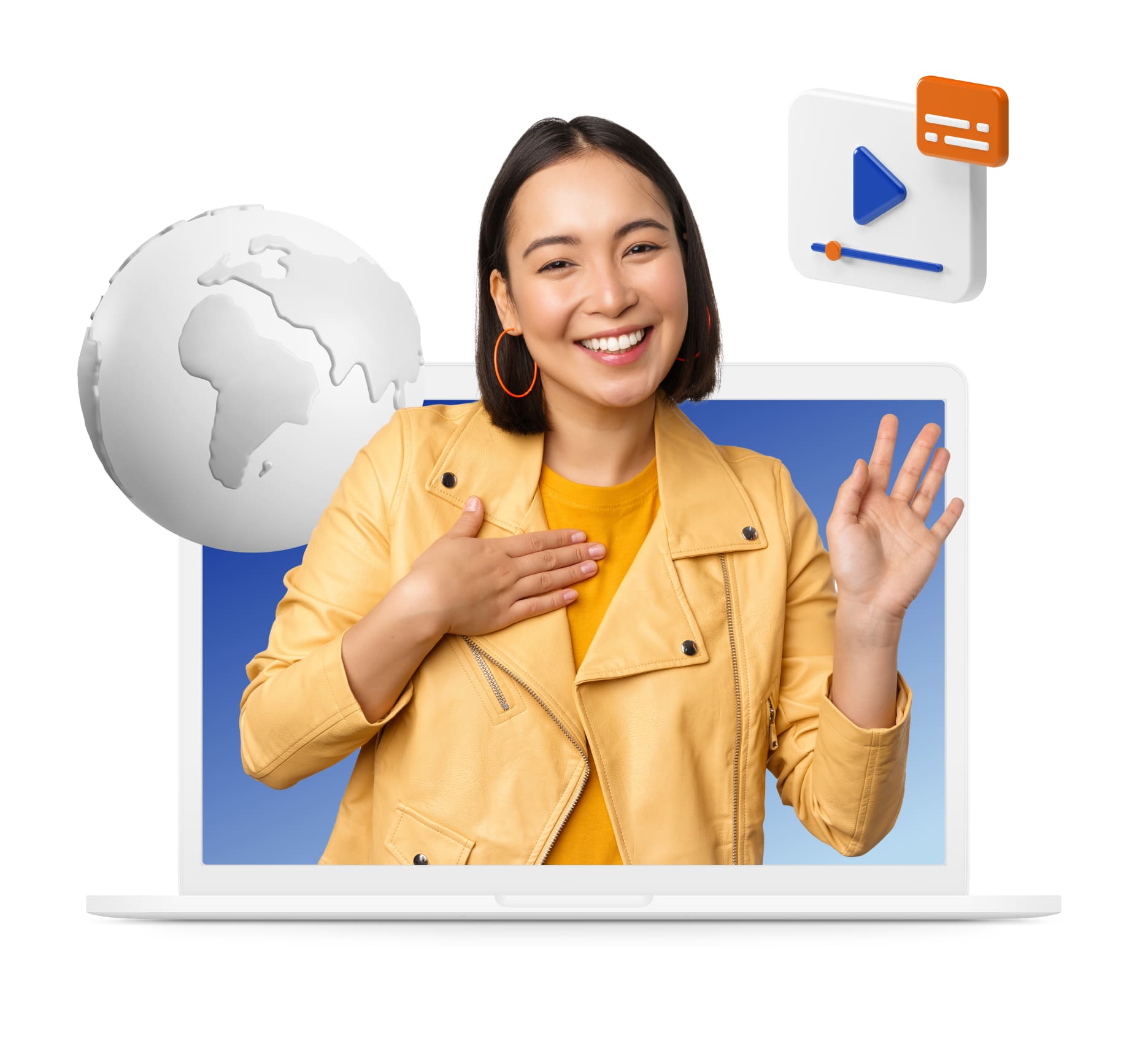 A woman holds a laptop displaying a globe, symbolizing global connectivity and technology.