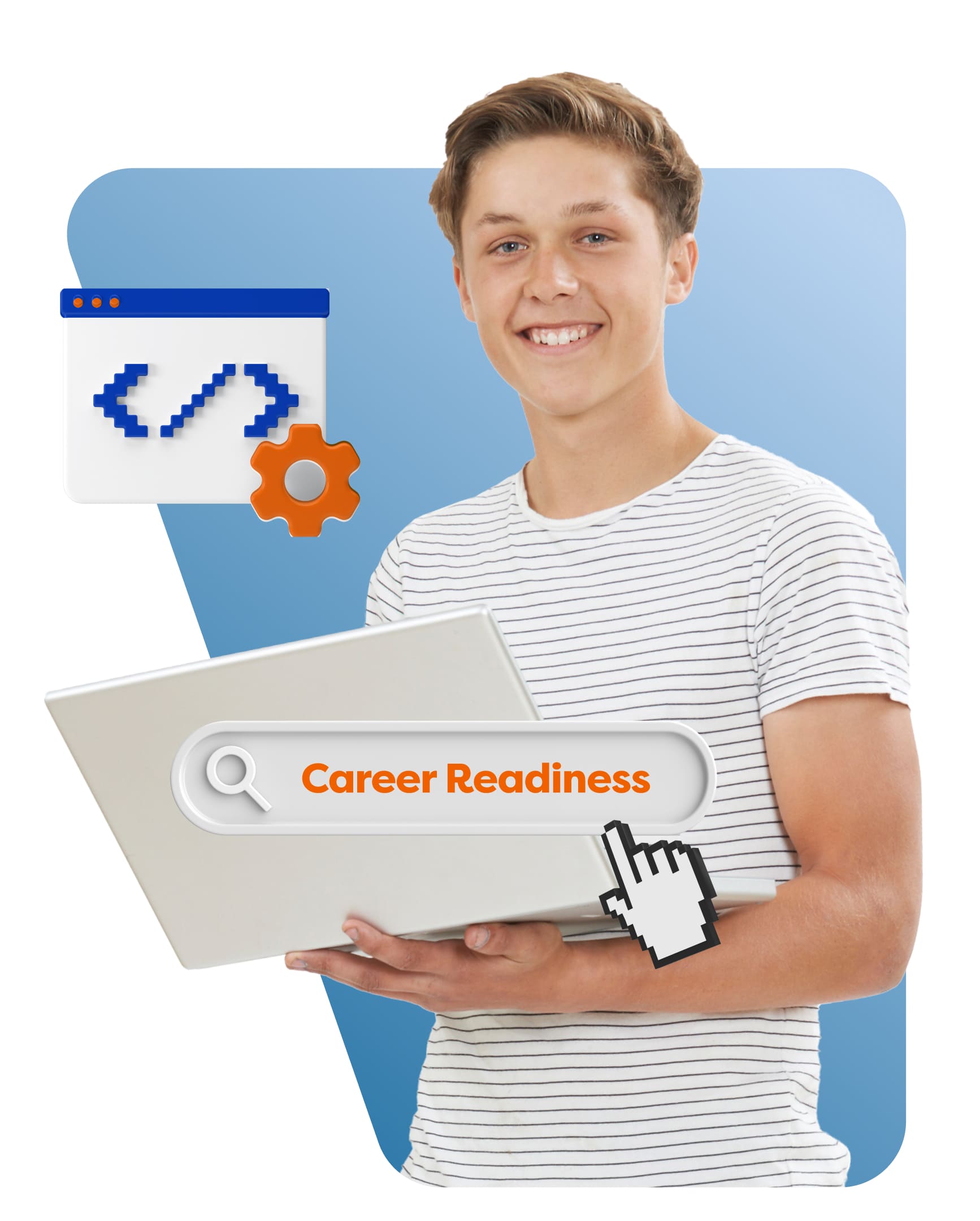 A man confidently holds a laptop displaying the phrase "Career Readiness," symbolizing professional development and preparation.