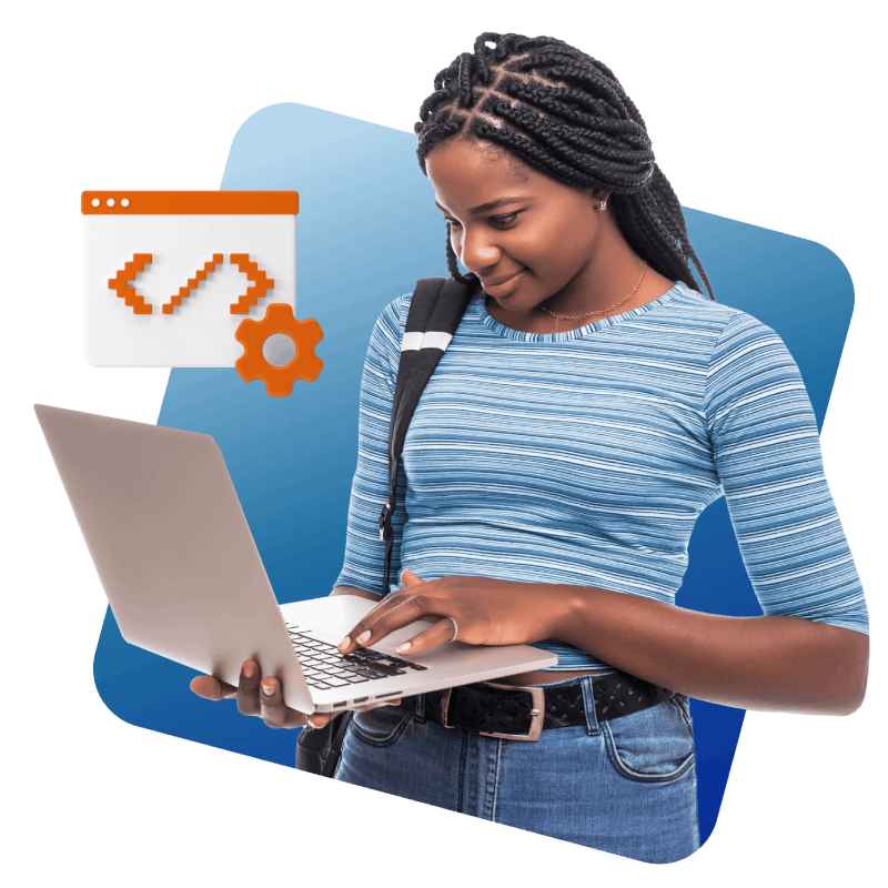 A woman holding a laptop displaying a code symbol, representing technology and programming skills.