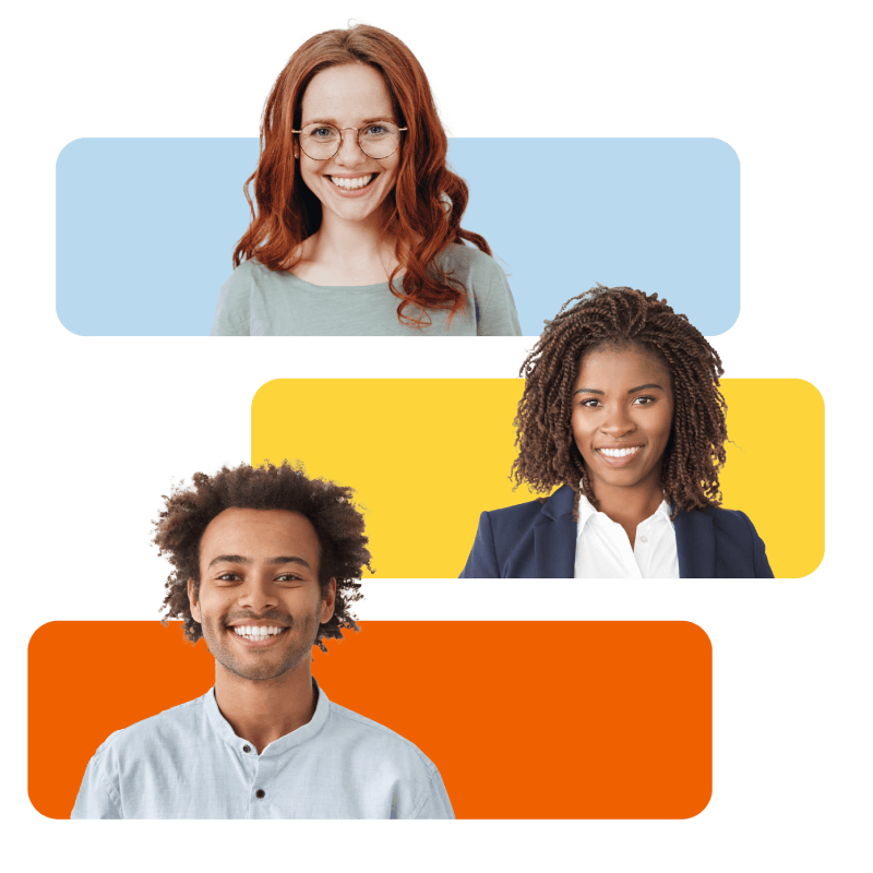 A diverse group of people smiling joyfully, standing together against a vibrant green background.