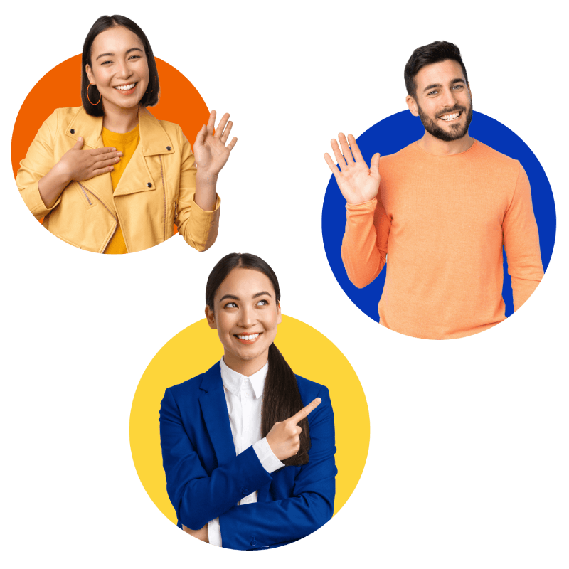 Three individuals enthusiastically waving their hands in a cheerful gesture, conveying a sense of friendliness and joy.