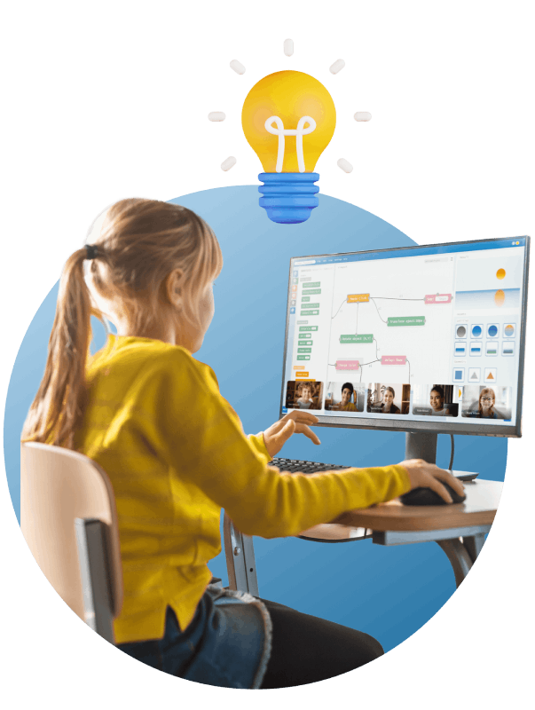 A girl sitting at a desk, focused on a computer, with a glowing light bulb symbolizing her creative ideas above her head.