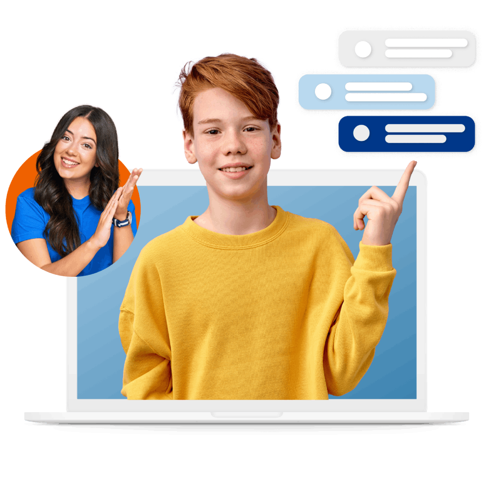 A boy and girl appear on a computer screen, accompanied by the text "chat with friends," symbolizing online communication.