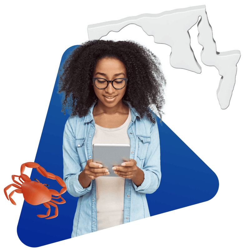A woman examines a map while holding a crab, showcasing a blend of exploration and marine life.