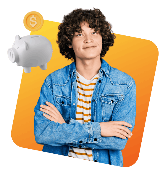 A young boy with curly hair smiles while holding a piggy bank, symbolizing savings and childhood innocence.