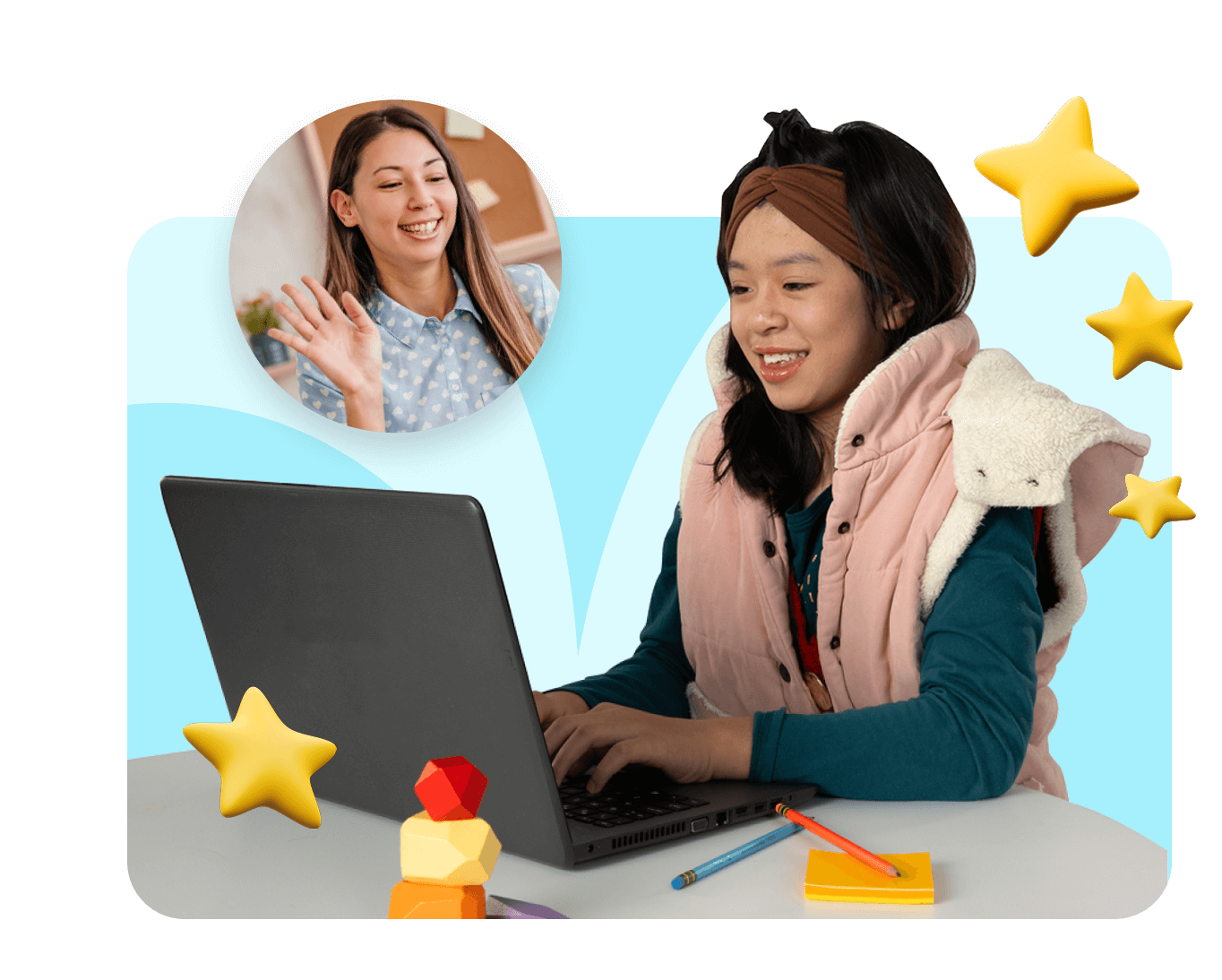 A girl smiles as she types on a laptop, wearing a pink vest with a plush toy. A woman waves in a video call bubble. Floating stars add a playful tone.