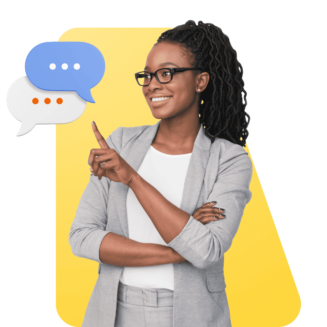Smiling woman in a gray suit and glasses points to speech bubbles, symbolizing communication. Yellow background creates a cheerful tone.