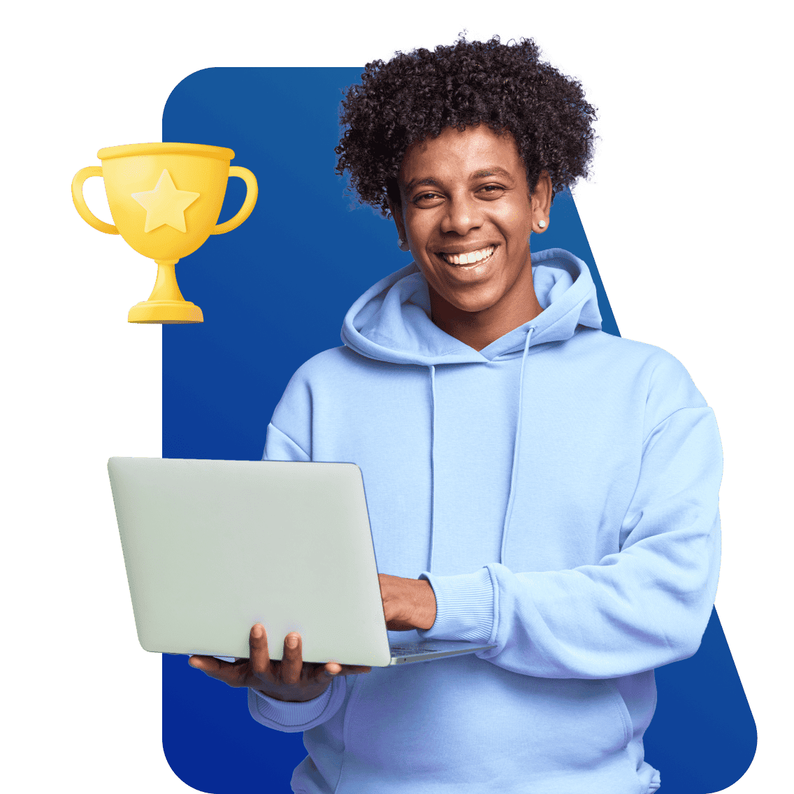 A smiling person in a light blue hoodie holds a laptop, with a gold trophy emoji beside them. The background is blue, conveying success and positivity.