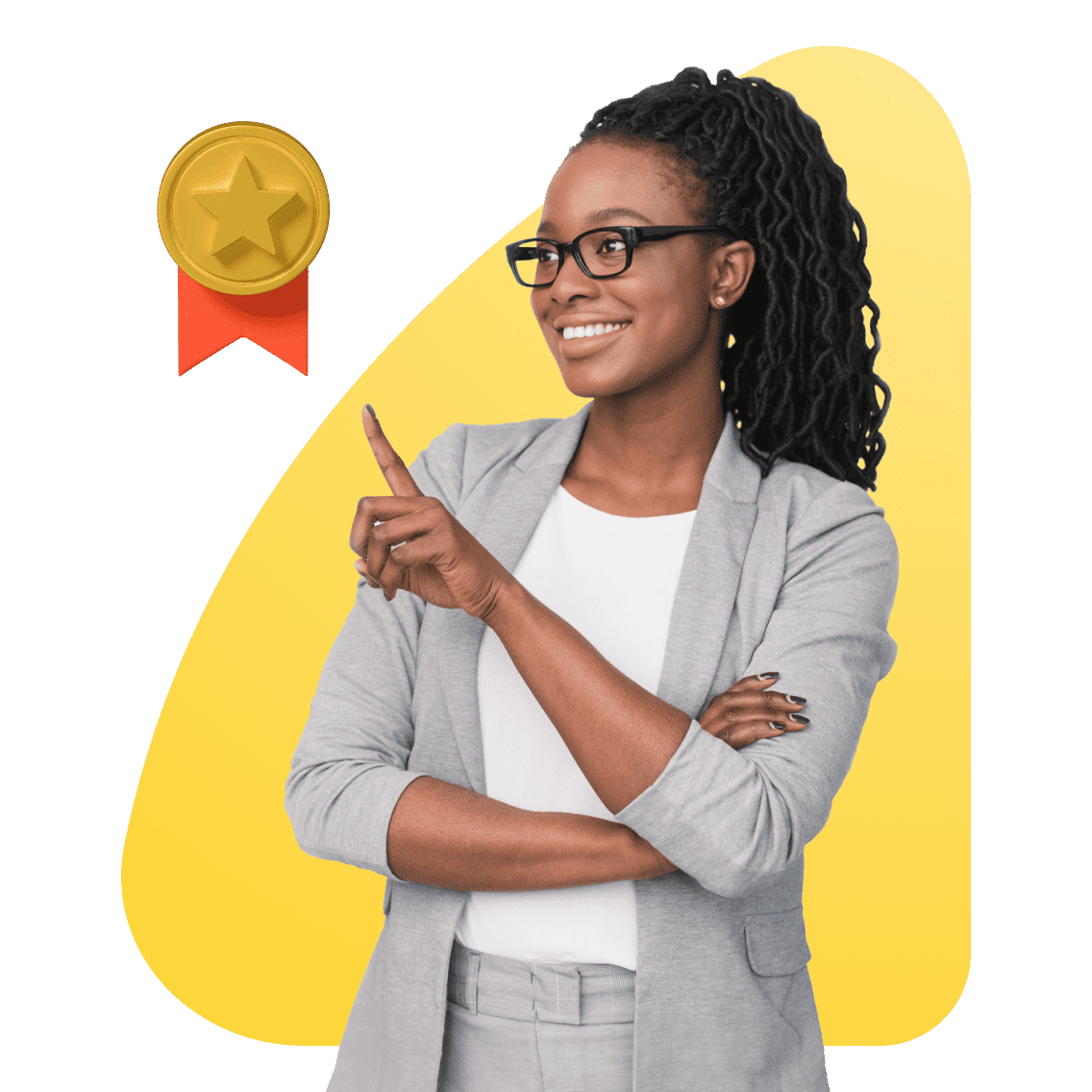 Smiling woman in glasses and a gray suit points upward on a bright yellow background. A gold star medal with a red ribbon is visible to her left.