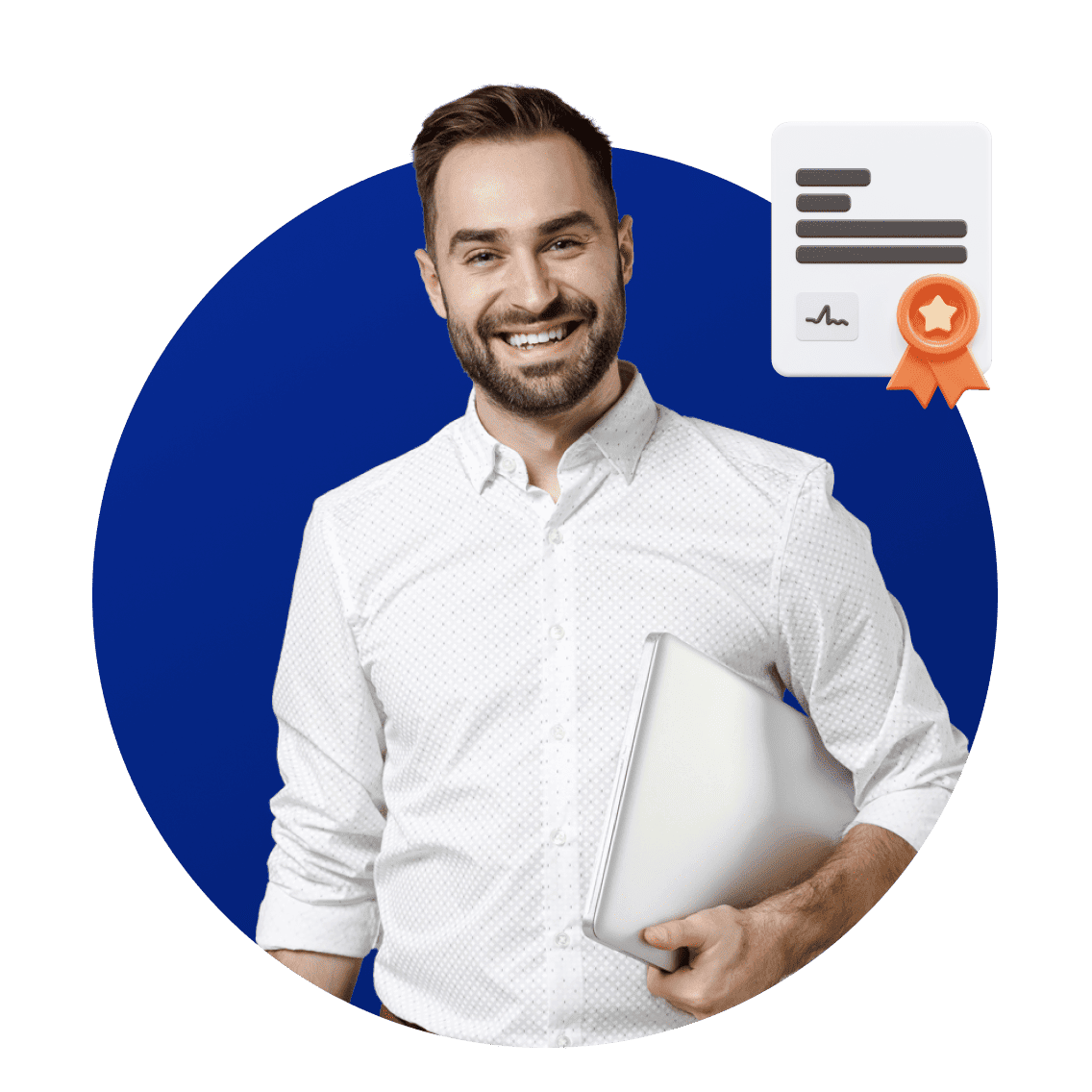 Smiling man in a white shirt holds a laptop against a blue circular background. A document icon with a star ribbon is in the top right corner.