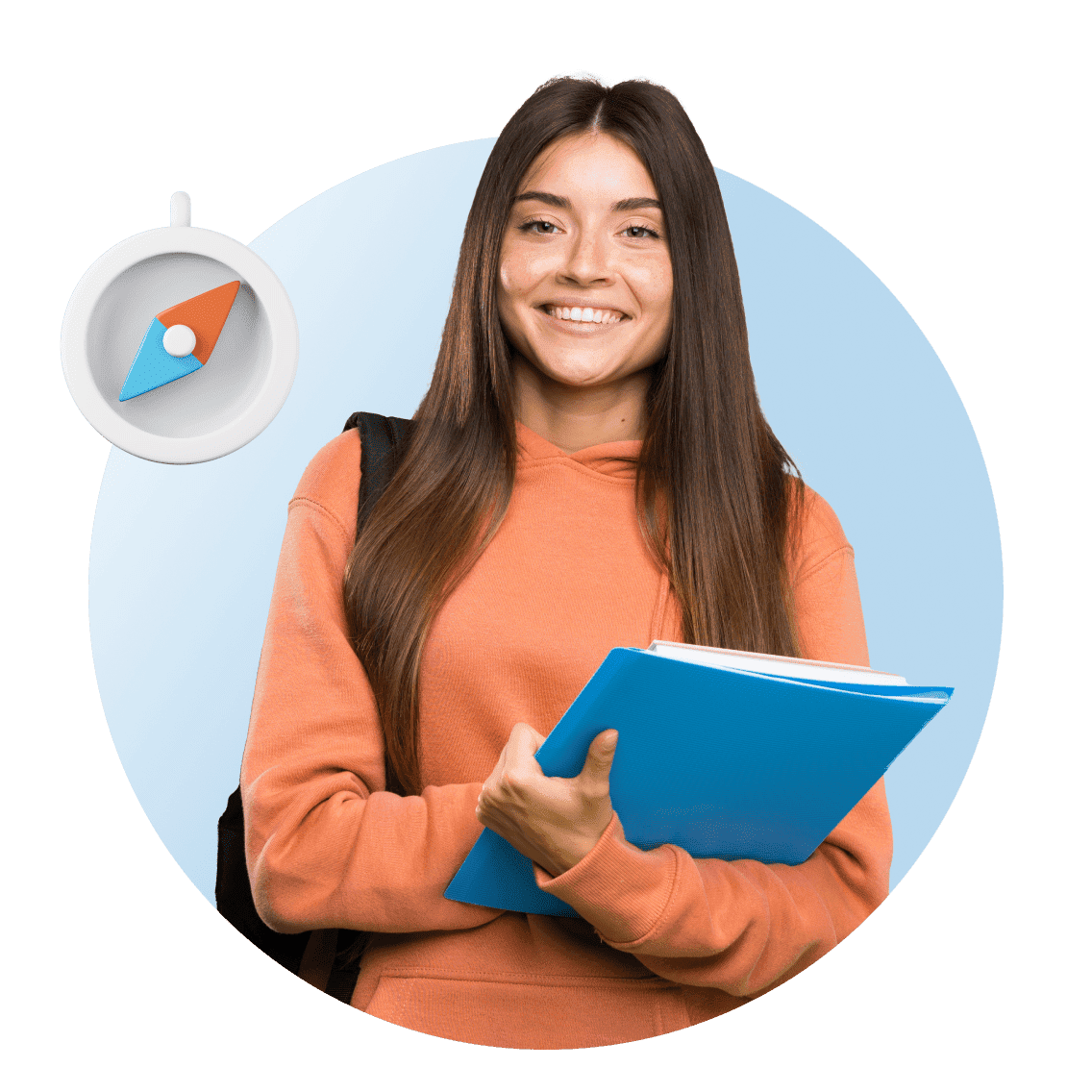 Smiling woman in an orange hoodie holds blue folders, with a backpack, against a light blue circular background with a compass icon.