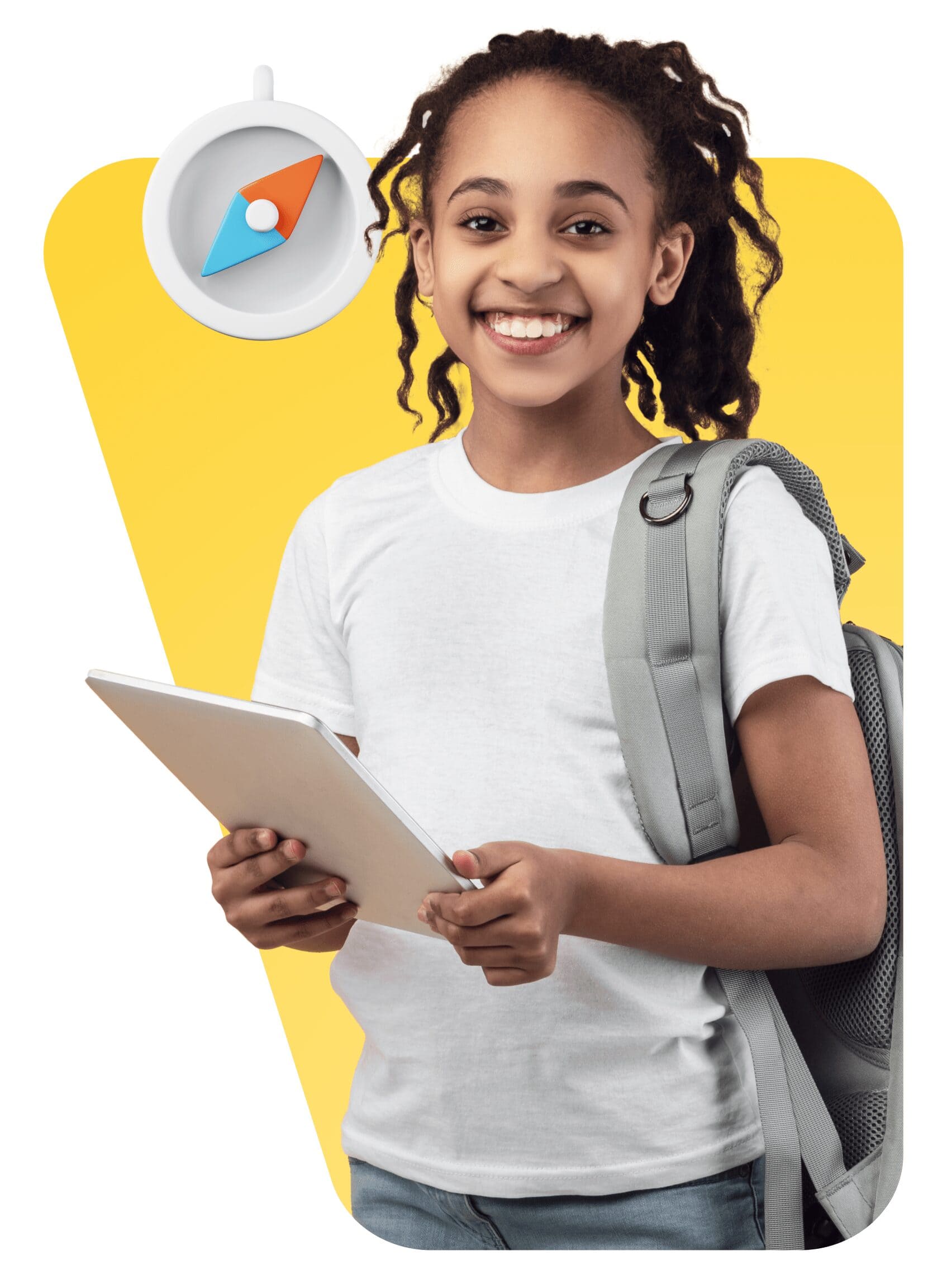 Smiling child with tablet and backpack on yellow background. A compass icon is in the corner, symbolizing exploration and learning.