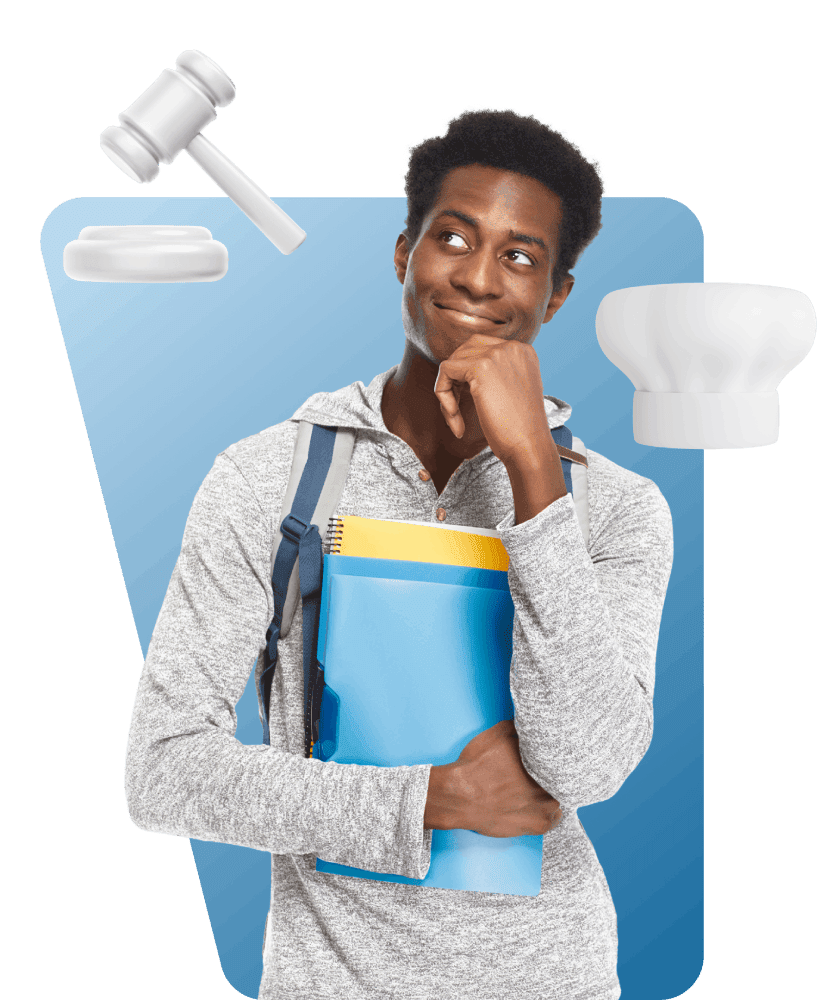 Young man holding folders, looking thoughtful, with a blue background. A gavel and other objects float nearby, suggesting decision-making or education.