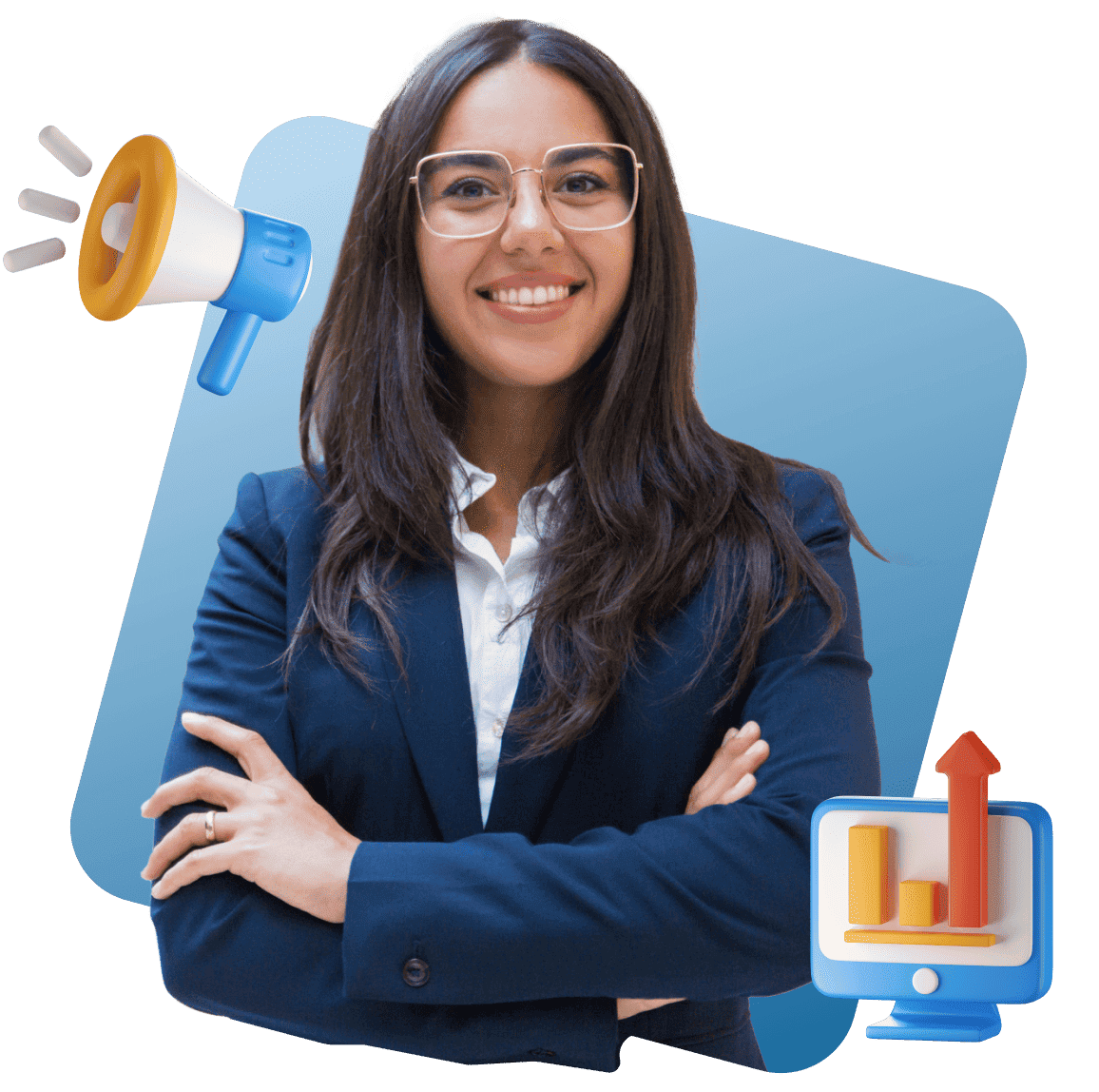 A woman in a blue suit smiles confidently with arms crossed. Surrounding graphics include a megaphone and a computer monitor with a rising graph.