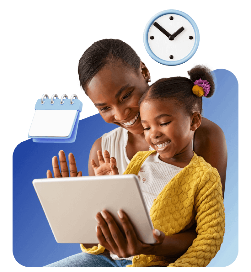 A woman and a young girl joyfully engage with a tablet. The girl wears a yellow cardigan. A wall clock and calendar icon are in the background.
