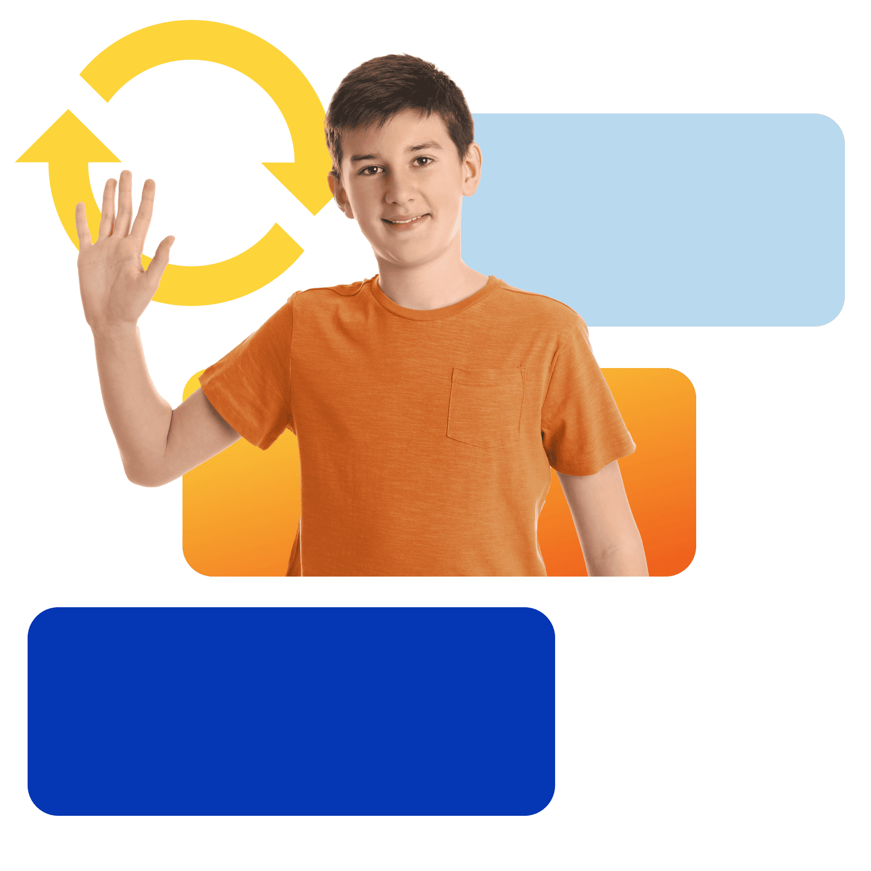 Teen boy in orange shirt waves against a backdrop with overlapping rectangles in blue and orange. A yellow recycling symbol is in the top left.