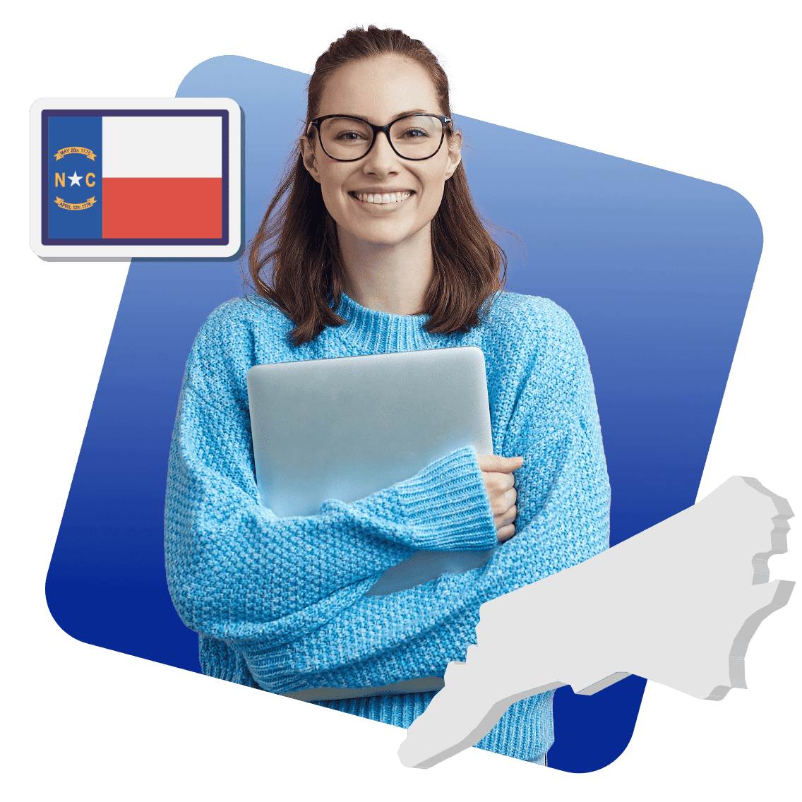 Smiling woman in a blue sweater holds a laptop, framed by the North Carolina flag and state silhouette. The tone is cheerful and inviting.