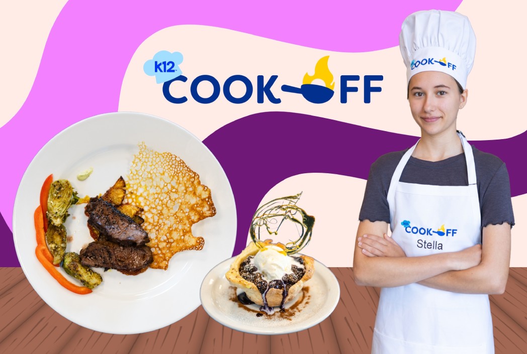 Chef Stella in a "Cook-Off" apron and hat stands confidently beside gourmet dishes on wooden table. Colorful abstract background highlights event theme.