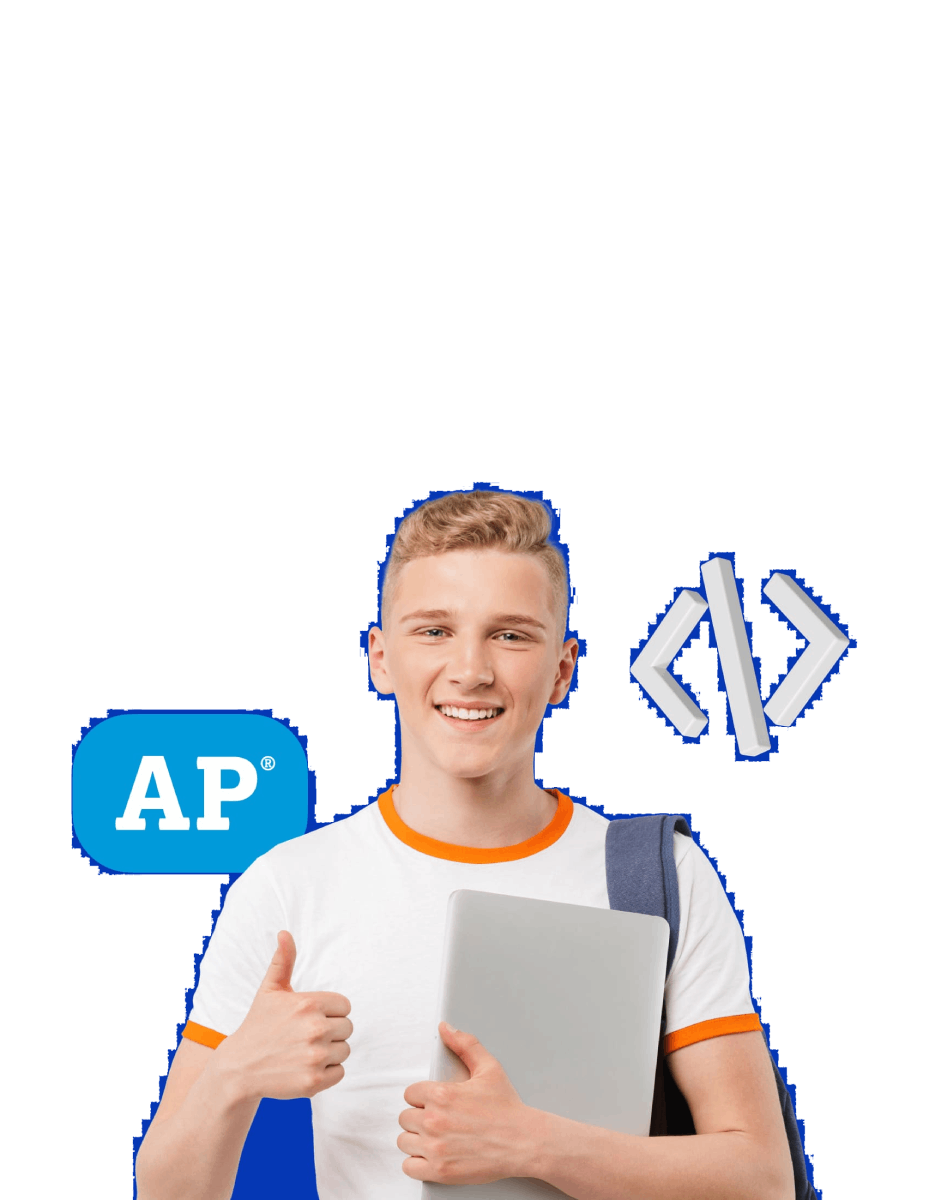 A smiling young man holds a closed laptop and gives a thumbs-up. He wears a white shirt with orange trim. Beside him are AP and coding symbols.