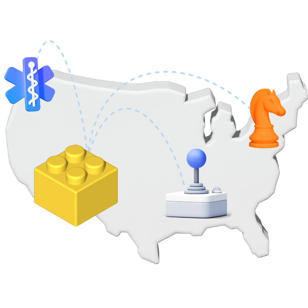 Map of the United States with icons: a medical symbol, yellow building block, joystick, and orange chess knight, connected by dashed lines.