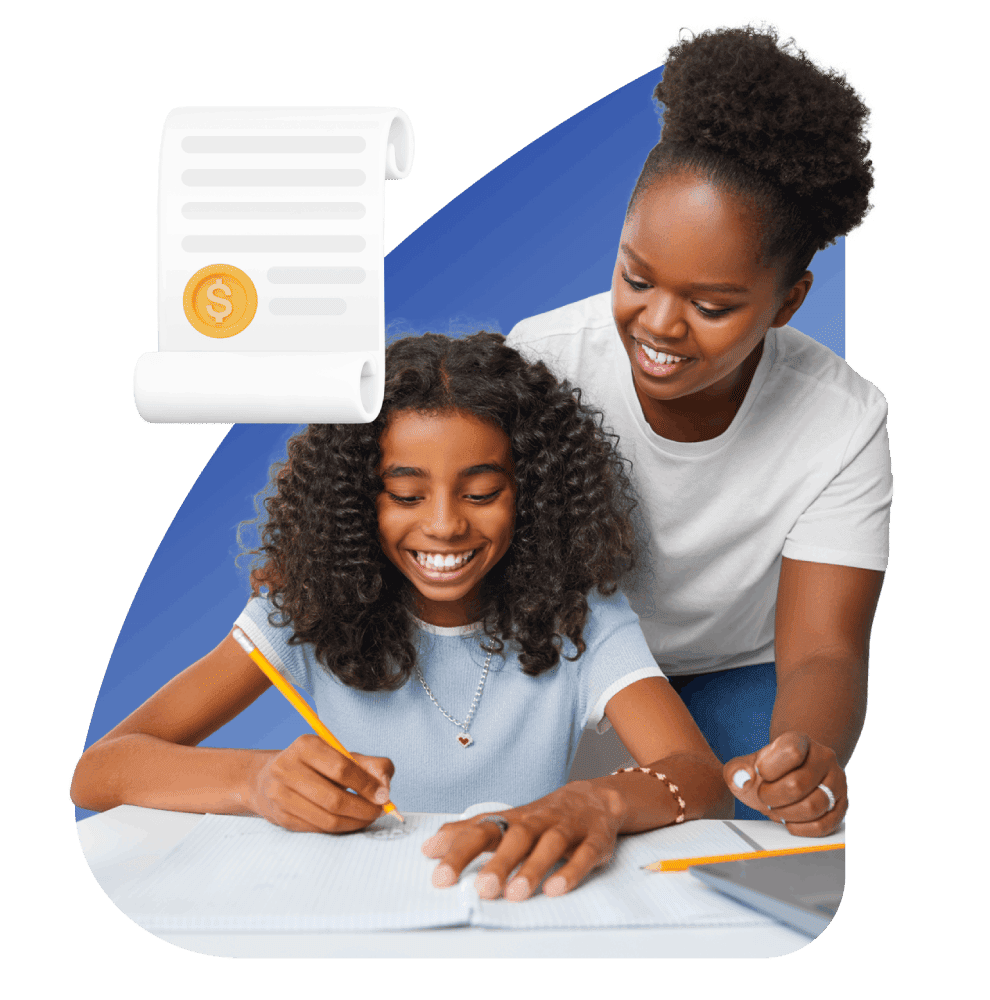 A smiling girl with curly hair writes in a notebook, assisted by a cheerful woman in a white shirt. A scroll with a money icon is in the background.