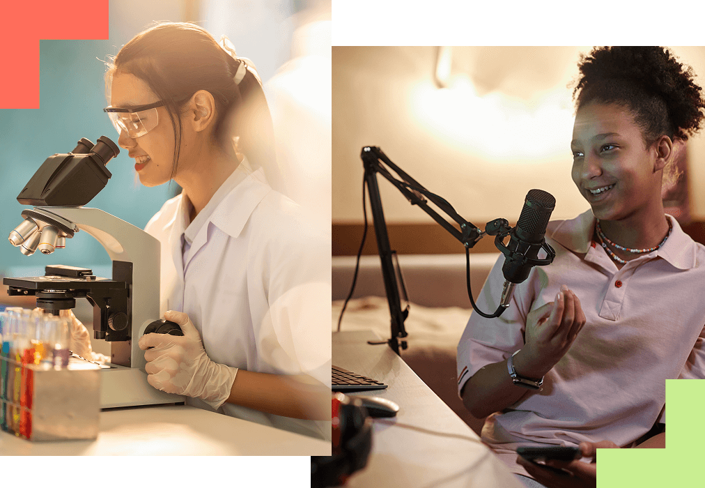 A woman in a lab coat examines a microscope with test tubes nearby, while another woman talks into a microphone, smiling. The scene is warm and lively.