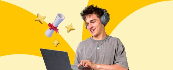 Young man with headphones smiles at laptop, symbolizing online learning. A diploma and stars float nearby. Bright, cheerful yellow background.
