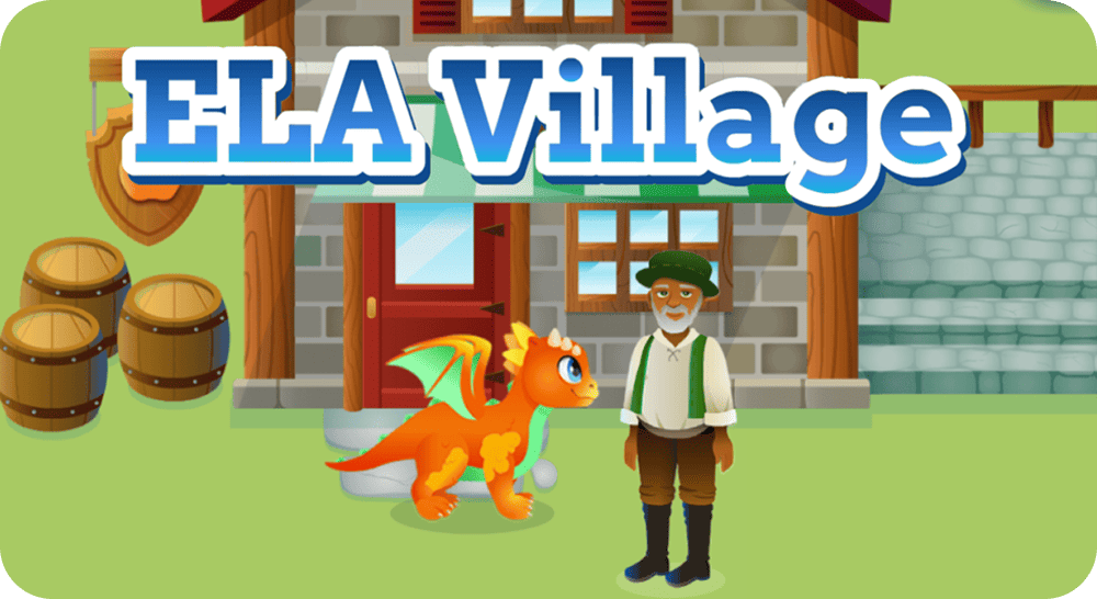 Illustration of a smiling elderly man in front of a quaint house with a red door, barrels to the side, and a cheerful orange dragon, titled "ELA Village."